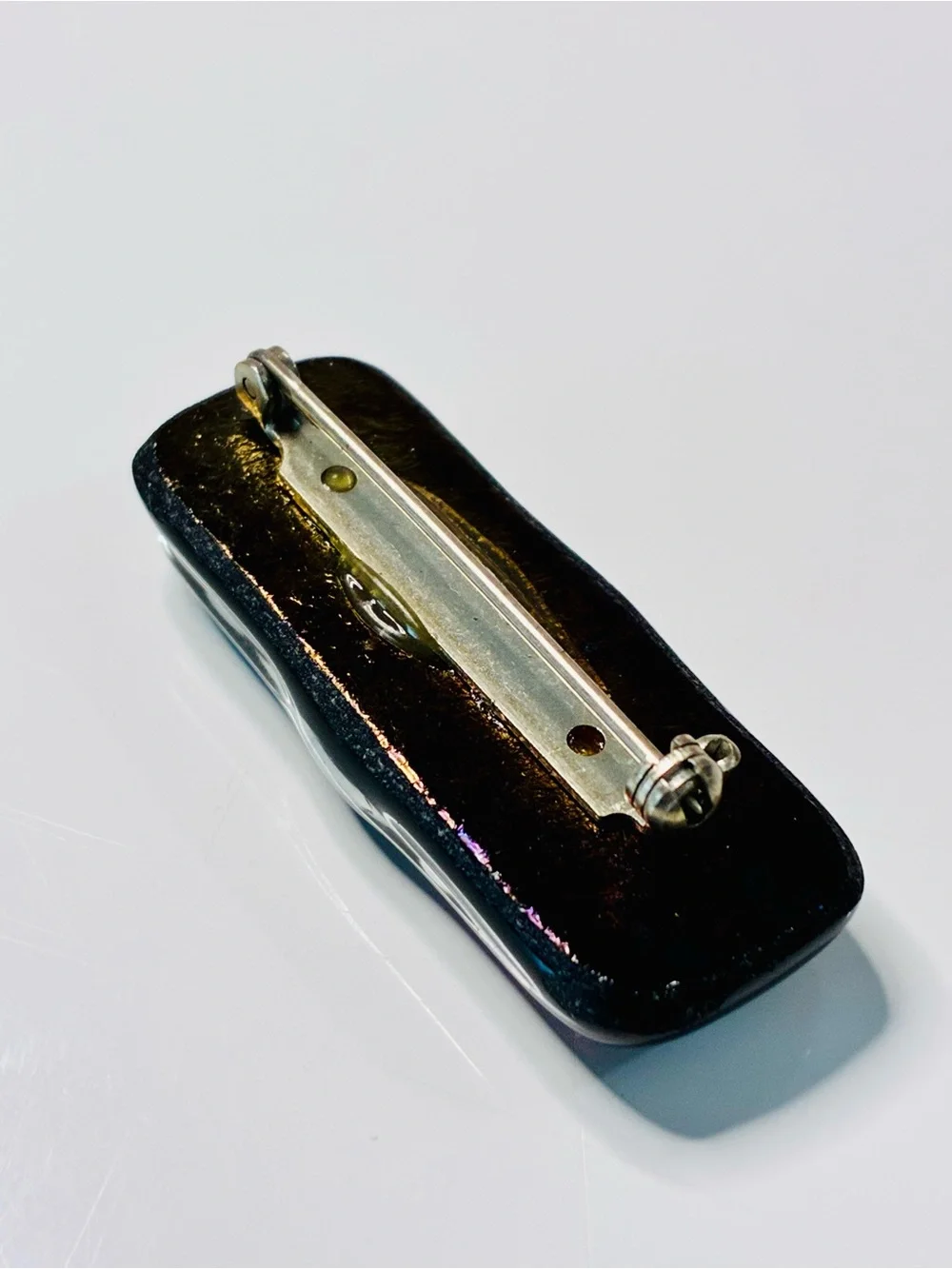VTG Handmade Dichroic Glass Cabochon - Pink & Teal Rectangle Bar Brooch EUC